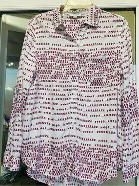 HEARTS Beach Lunch Lounge White Heart Print Viscose Button Down Shirt M/L
